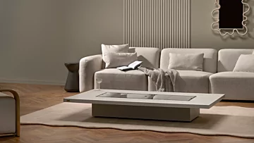 EcoSmart Fire Daiquiri 70 Fire Table with glass cover plate warms outdoor patio, sleek ethanol fire pit table.